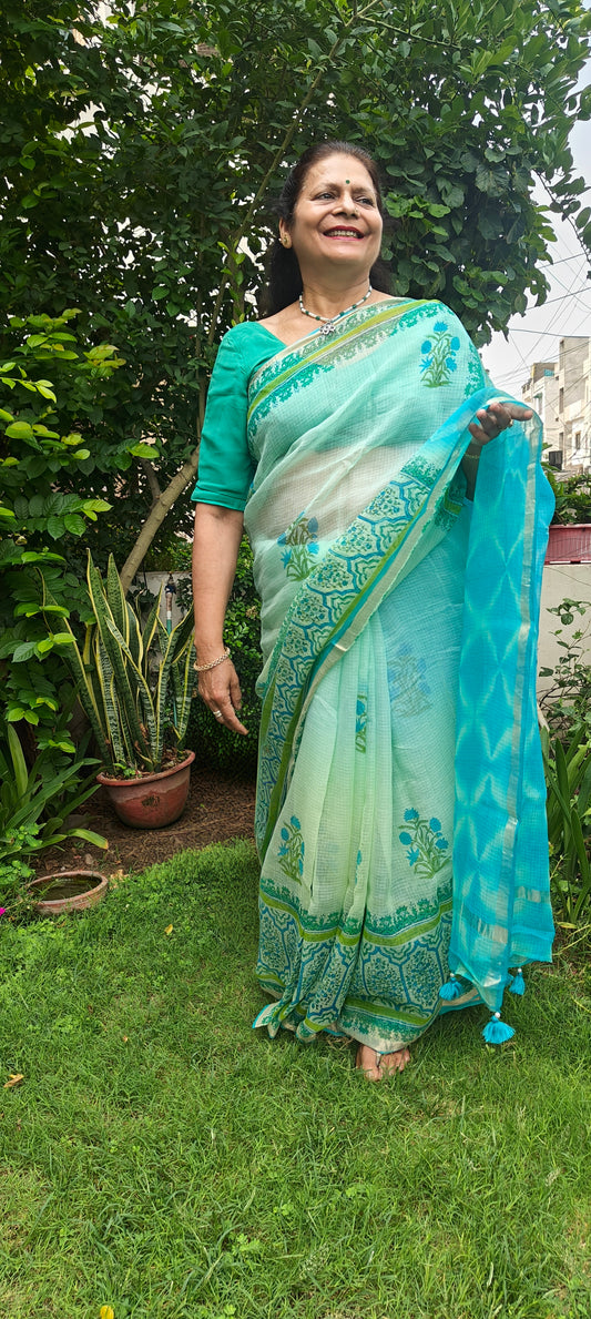 Neelambari – Sky Blue Kota Doria Saree with Zari Border