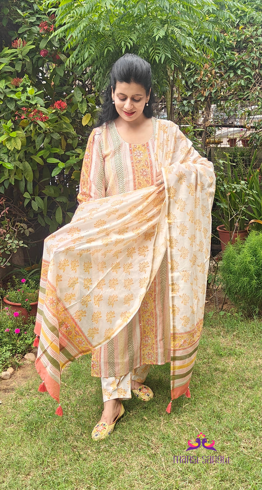 Sunehri yellow and orange hand block printed Chanderi suit with hand Ari embroidery
