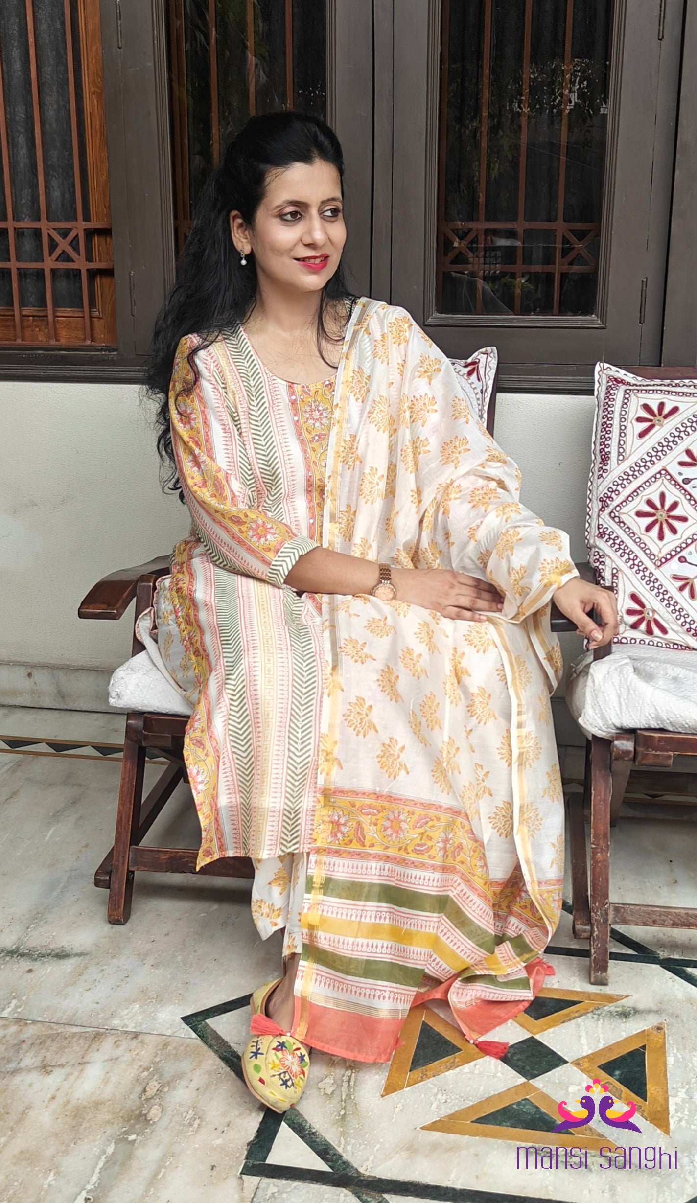 SUNEHRI-Hand Block Printed Chanderi Suit Set with Hand Ari Embroidery