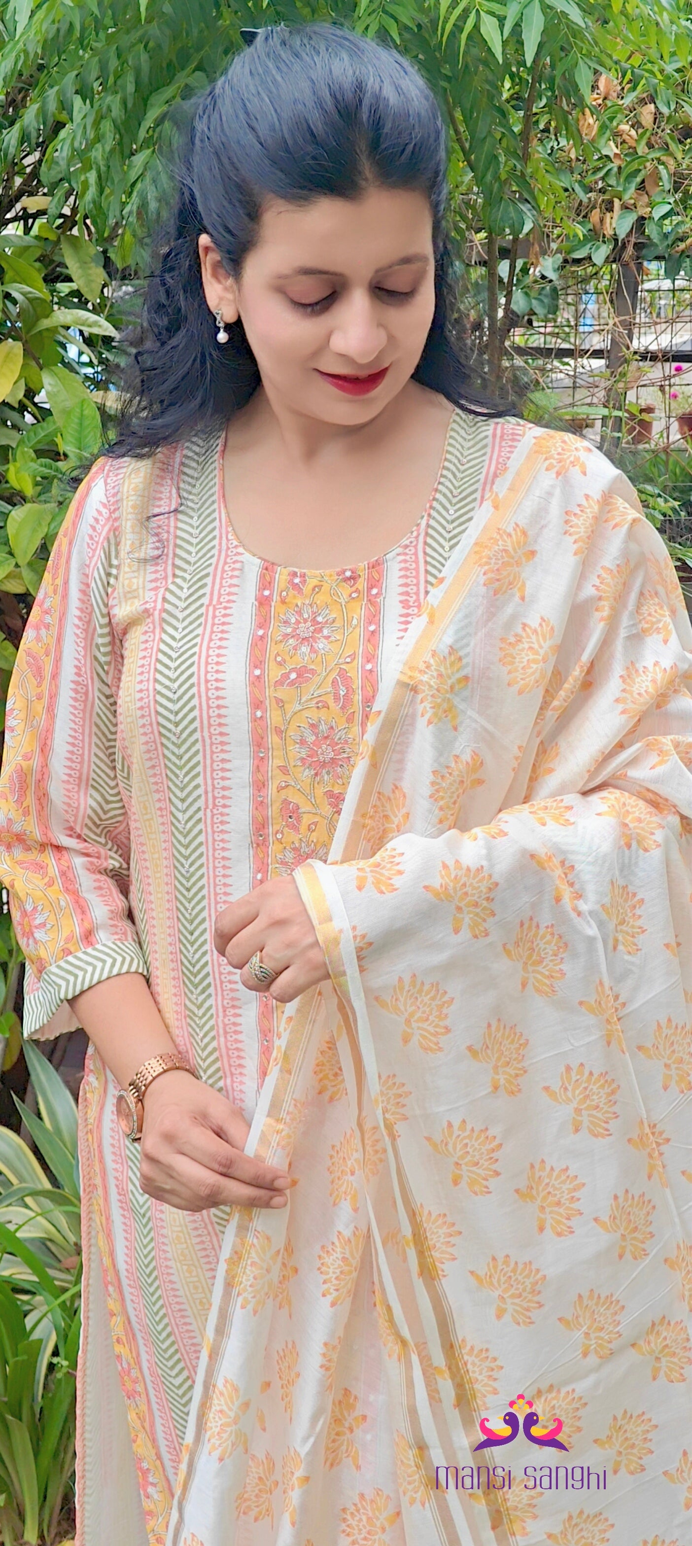 SUNEHRI-Hand Block Printed Chanderi Suit Set with Hand Ari Embroidery