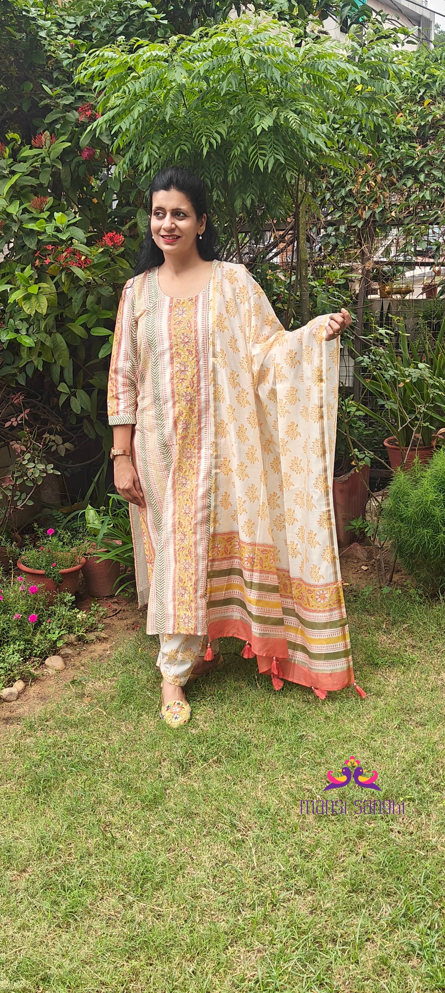 SUNEHRI-Hand Block Printed Chanderi Suit Set with Hand Ari Embroidery