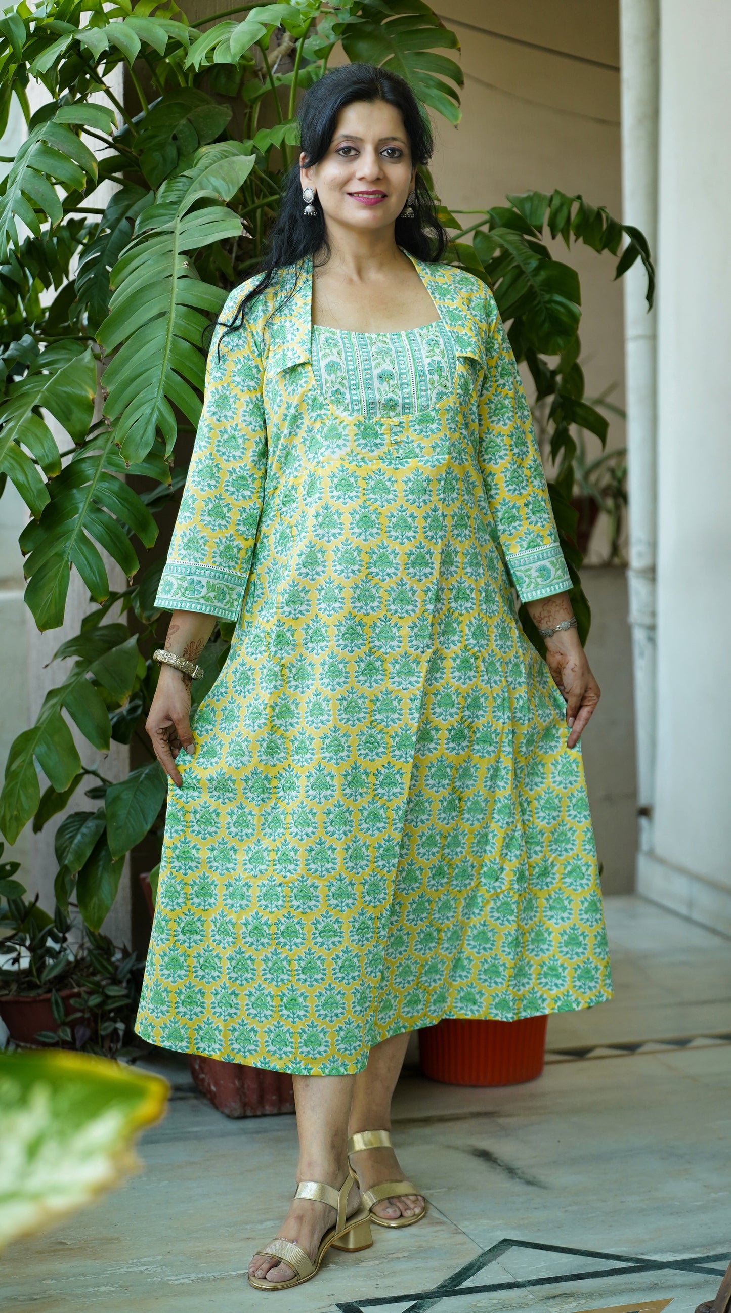 Amaltas-yellow Cotton Block print lightweight midi dress