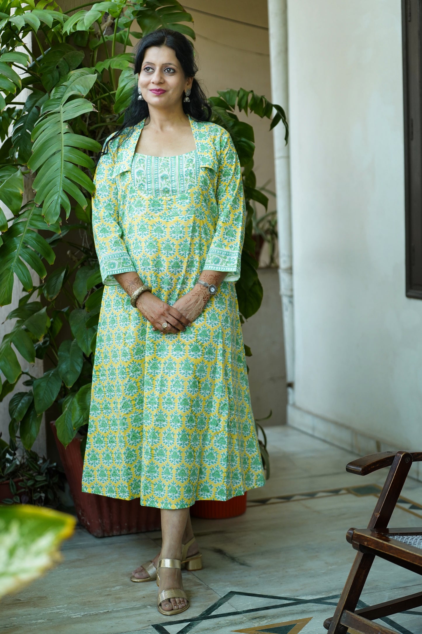 Amaltas-yellow Cotton Block print lightweight midi dress