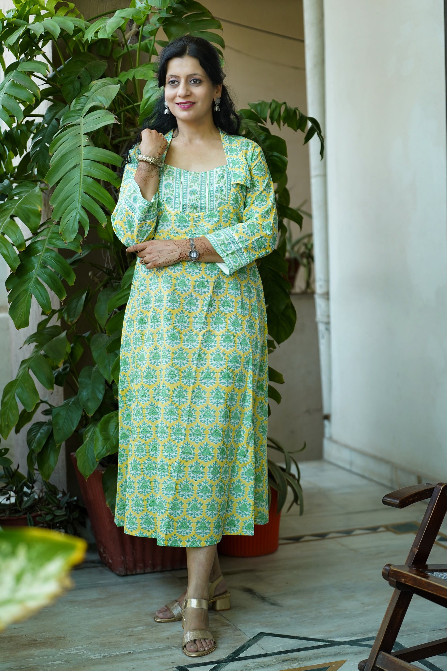 Amaltas-yellow Cotton Block print lightweight midi dress