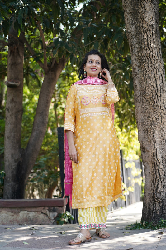 Shanaya yellow chanderi suit set