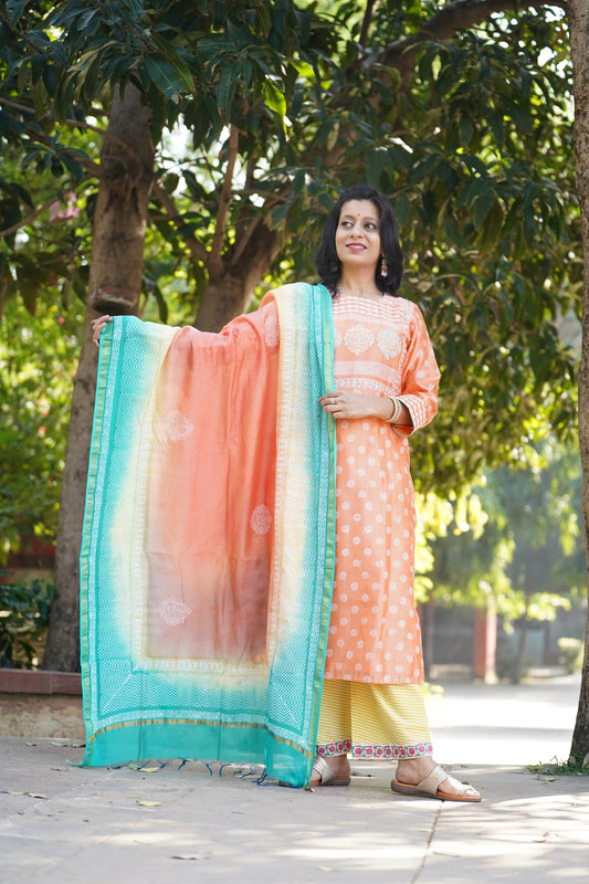 Shanaya peach chanderi suit set