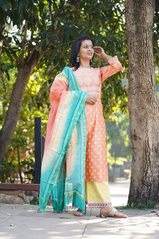 Gulbahar Chanderi khadi print kurta and dupatta set with hand embroidery