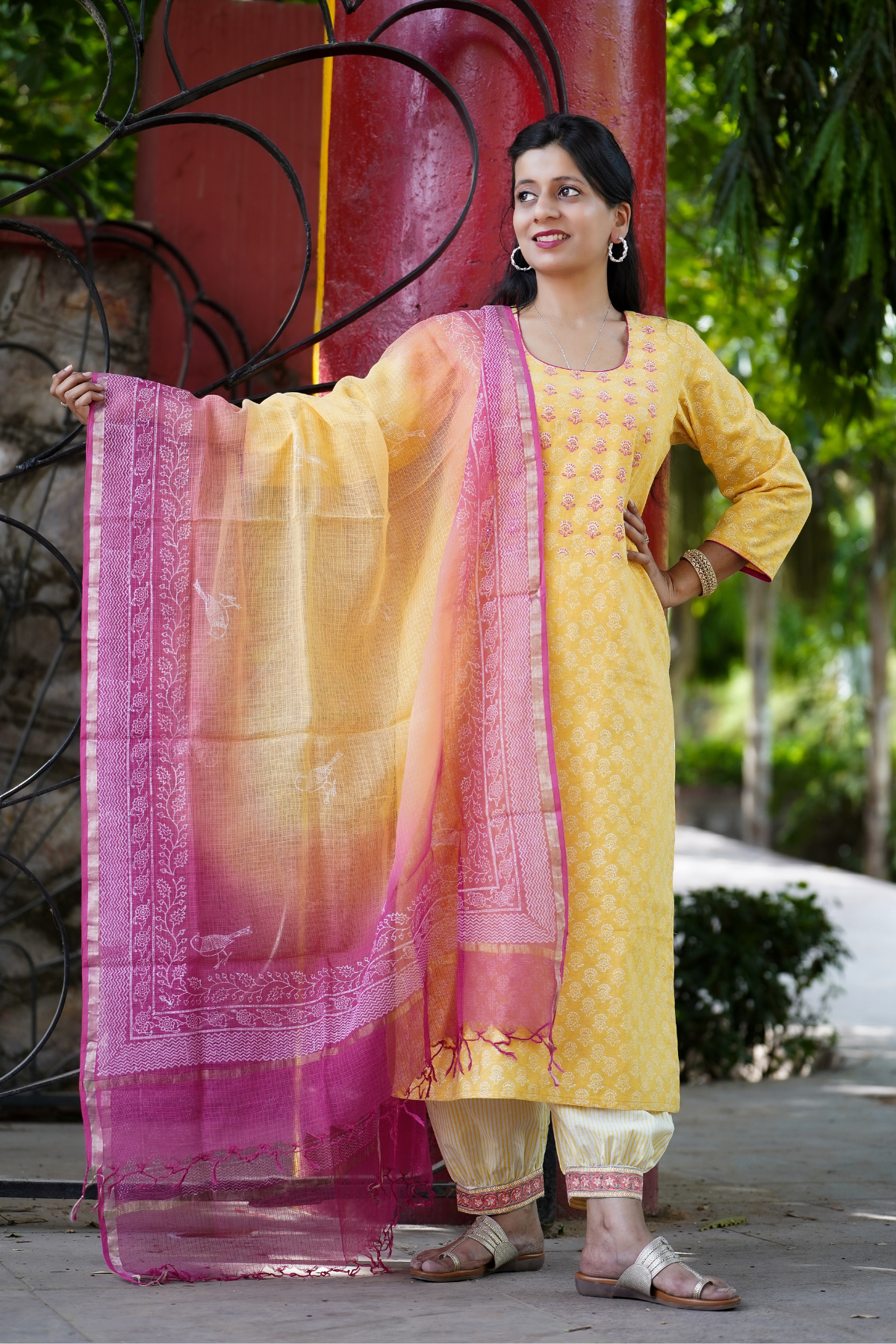 Yellow Lakeerein Kurta and Dupatta Set