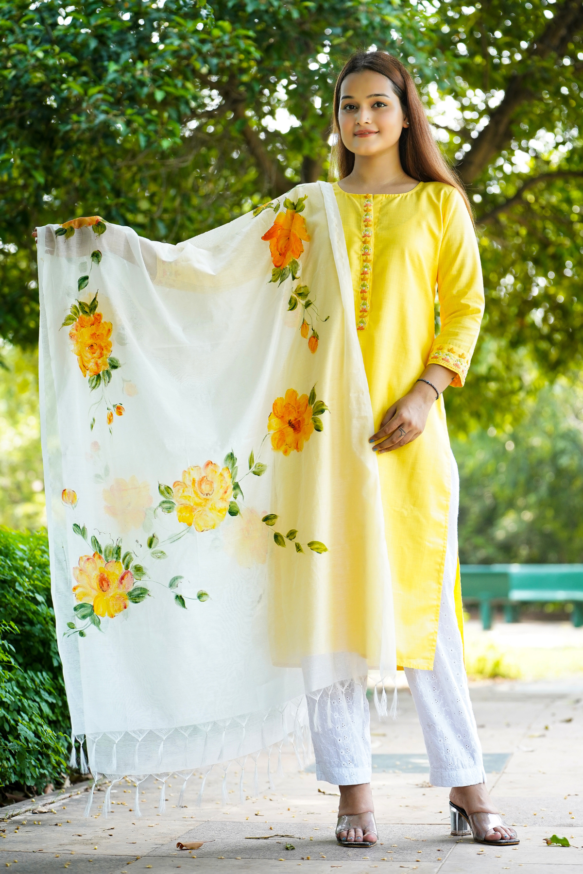 Yellow Peonies Flower Dupatta, Kurta and Pant Set