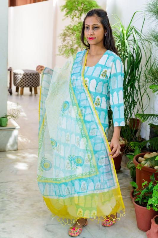 Blue Jharokha Print Kurta with Kota Doria Dupatta