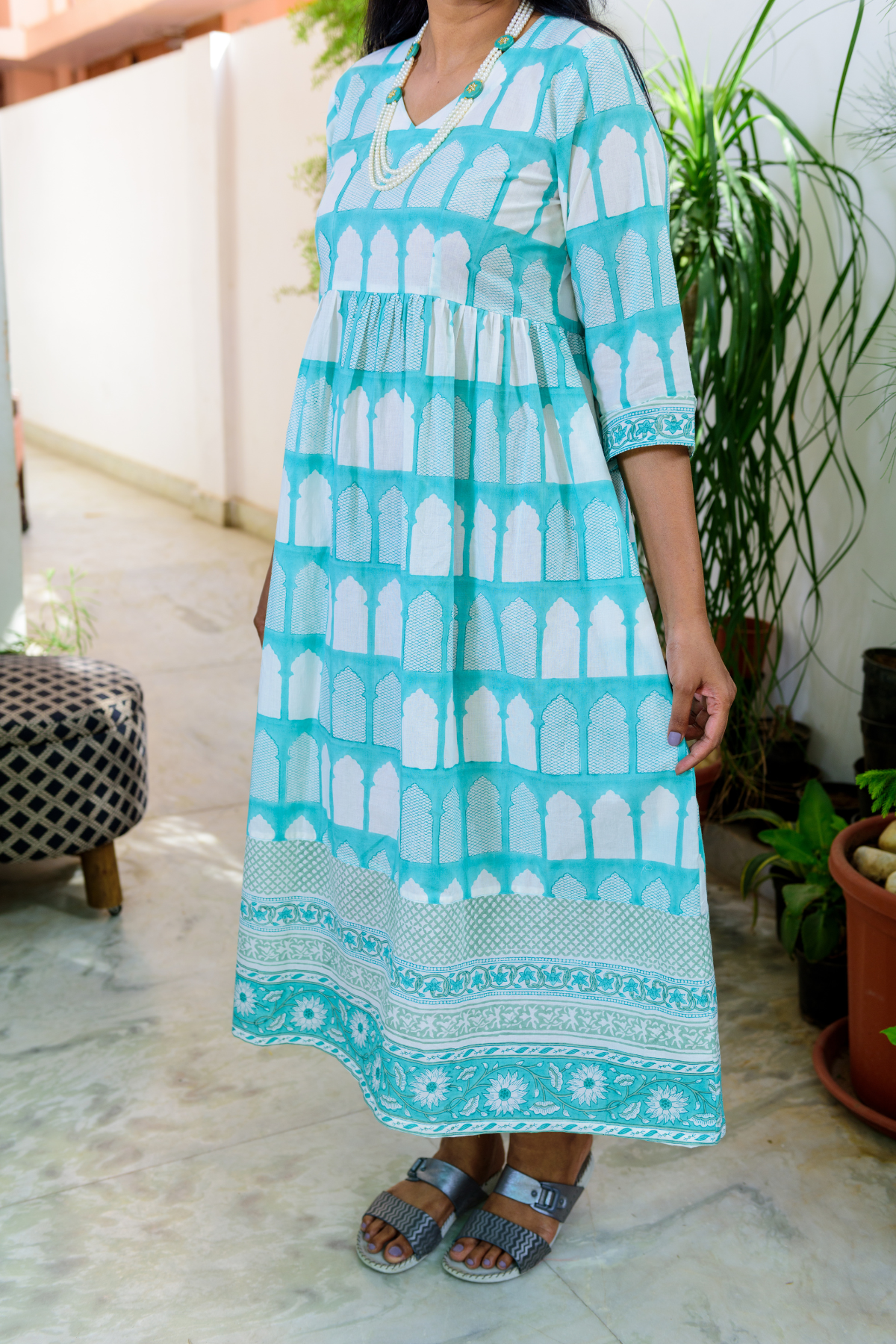 Blue Jharokha Print Gathered Dress