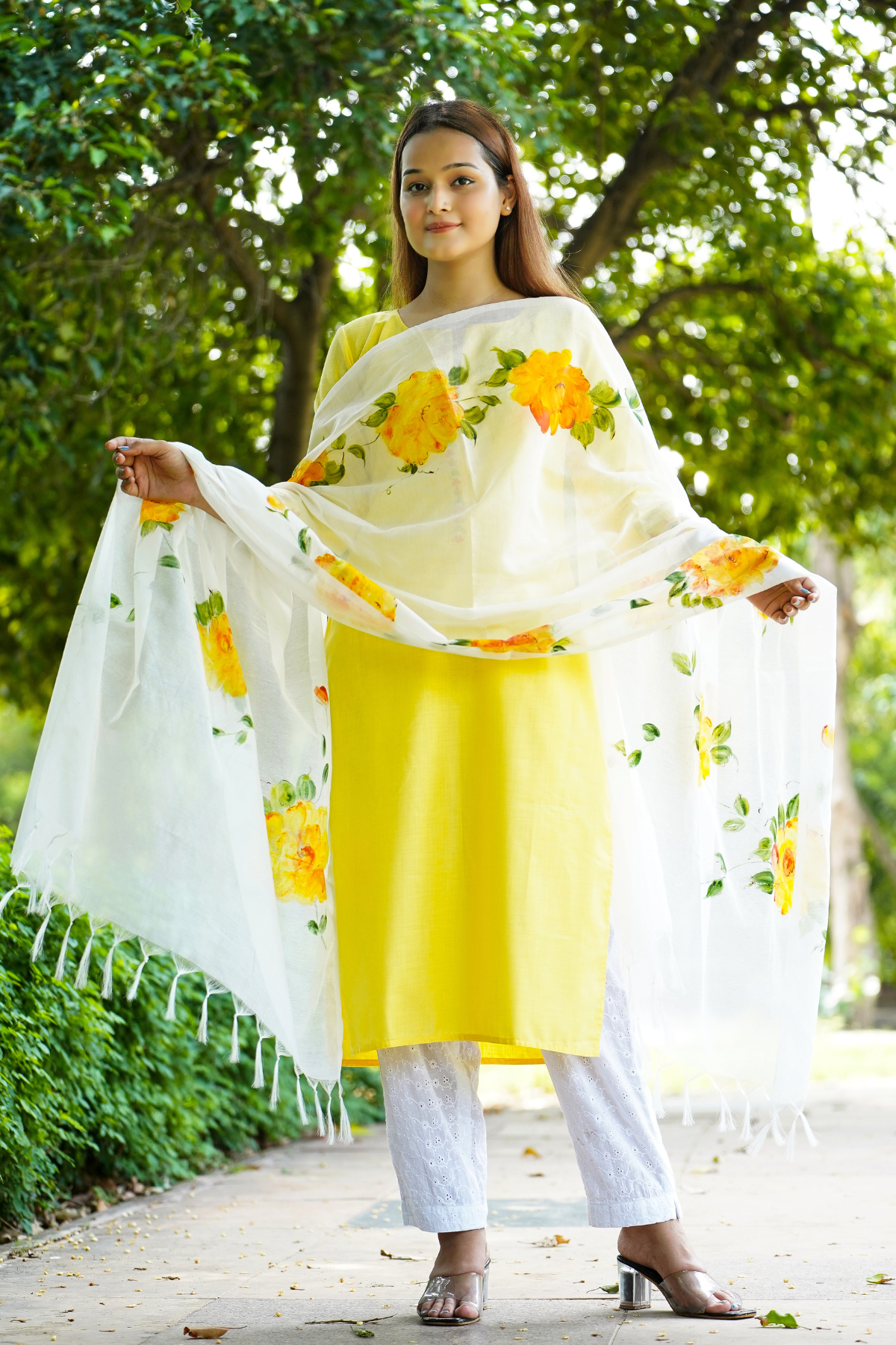 Yellow Peonies Flower Dupatta, Kurta and Pant Set