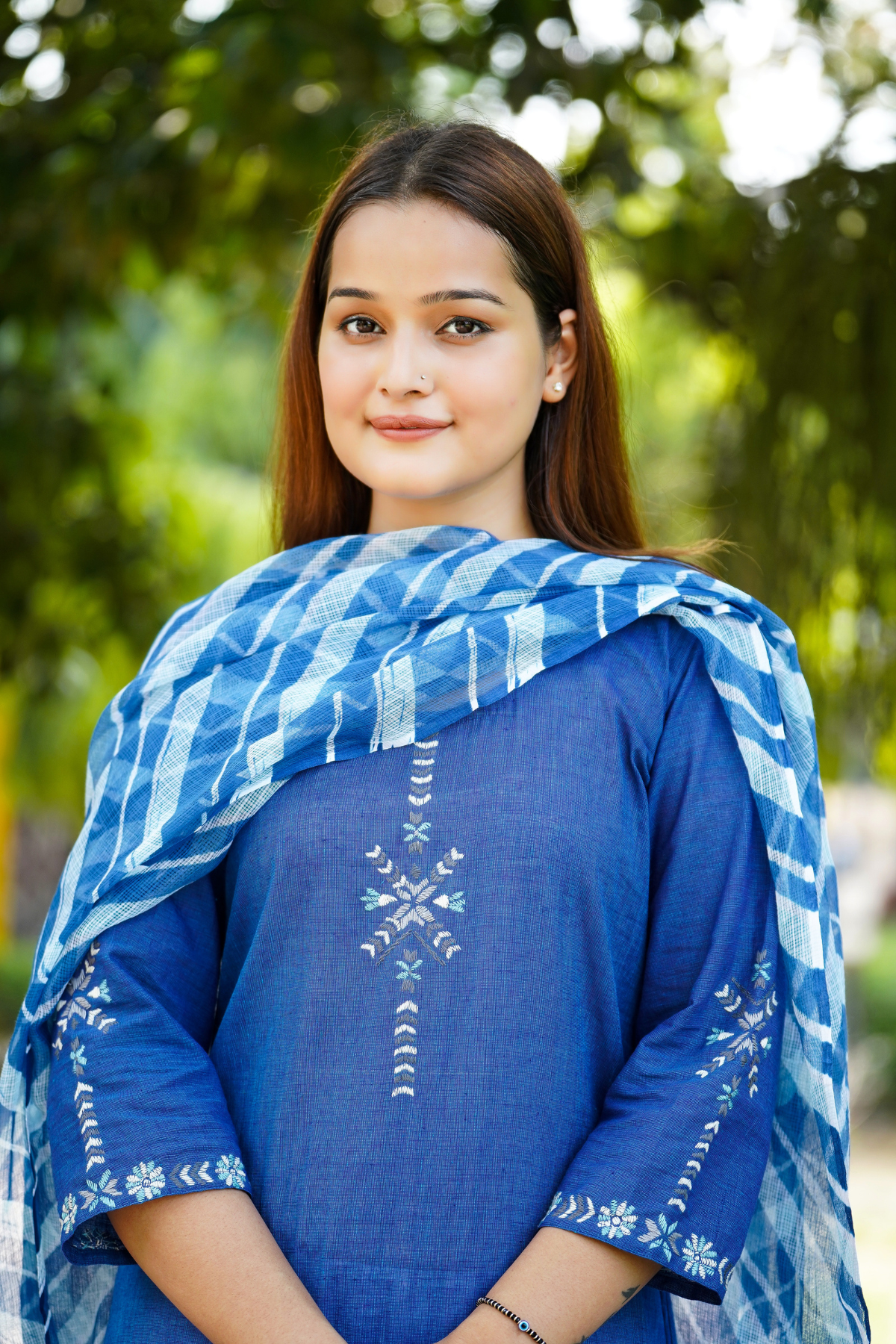 Neelamber Kantha Kurta, Leheriya Kota Doria Dupatta and Chikan Pant Set