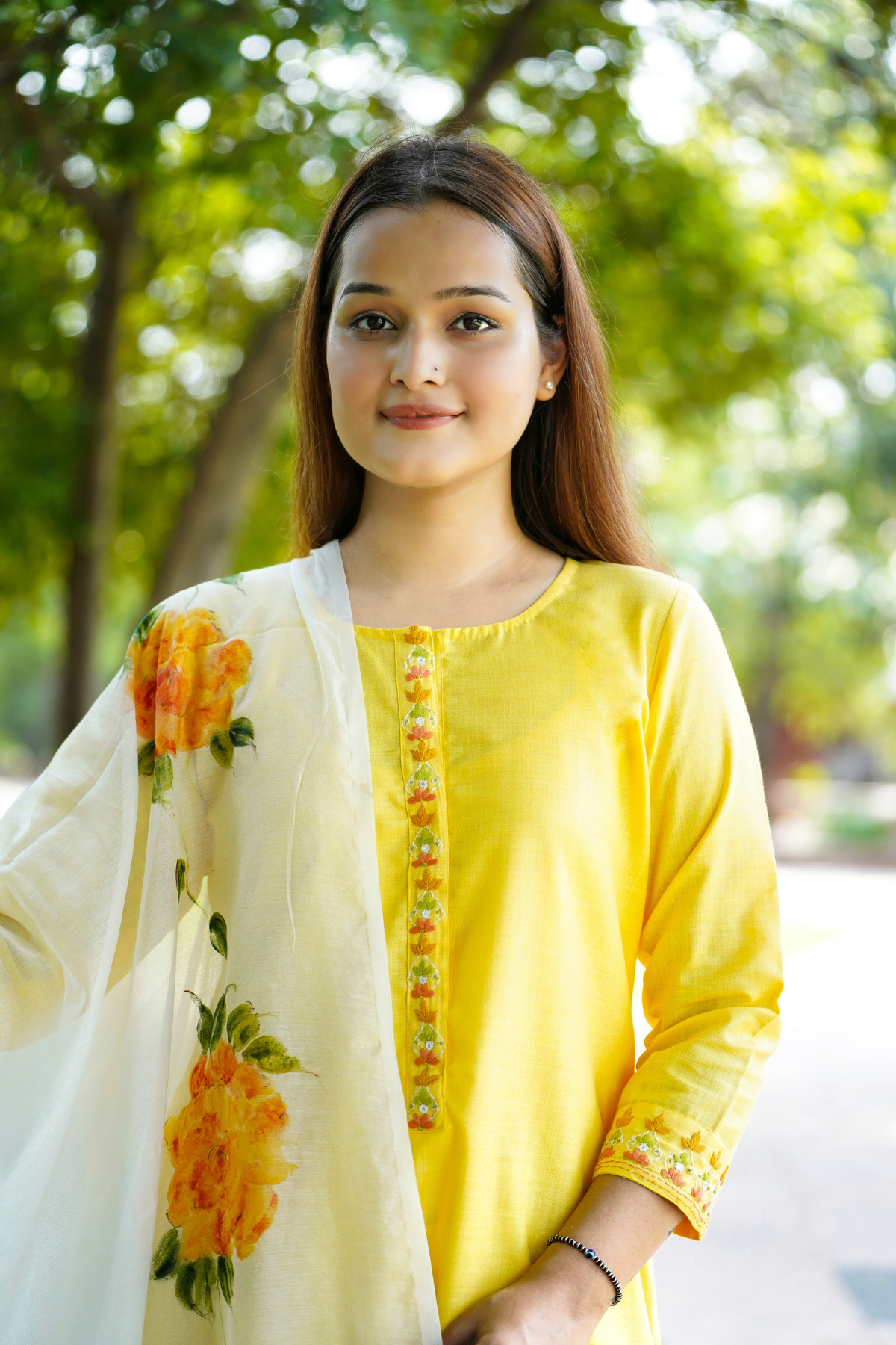 Yellow Peonies Flower Dupatta, Kurta and Pant Set