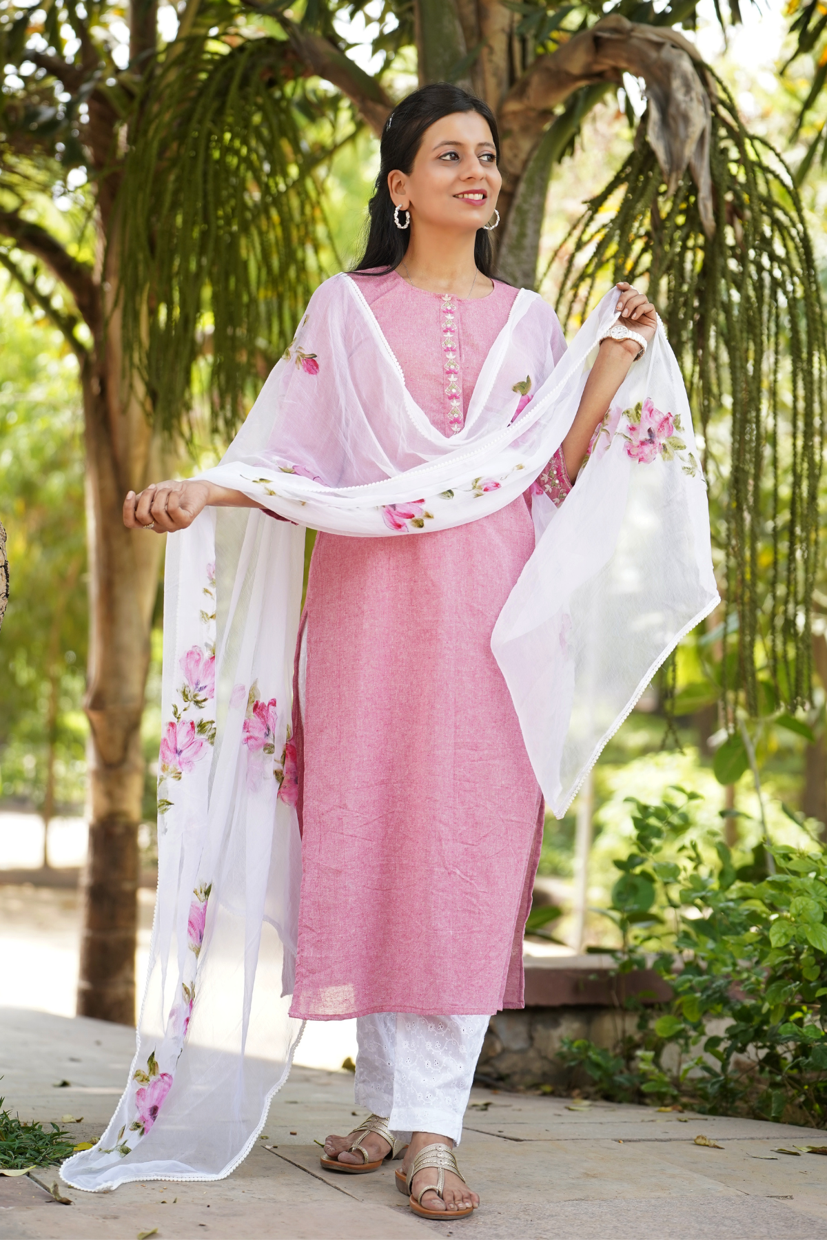 Hand Painted & Embroidered Rose Kurta, Dupatta and Chikan Pants Set